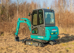 Sunward SWE-20F Mini Excavator Side View: A close-up image showcasing the rugged design and powerful capabilities of the mini excavator, with a focus on its hydraulic arm and digging bucket.